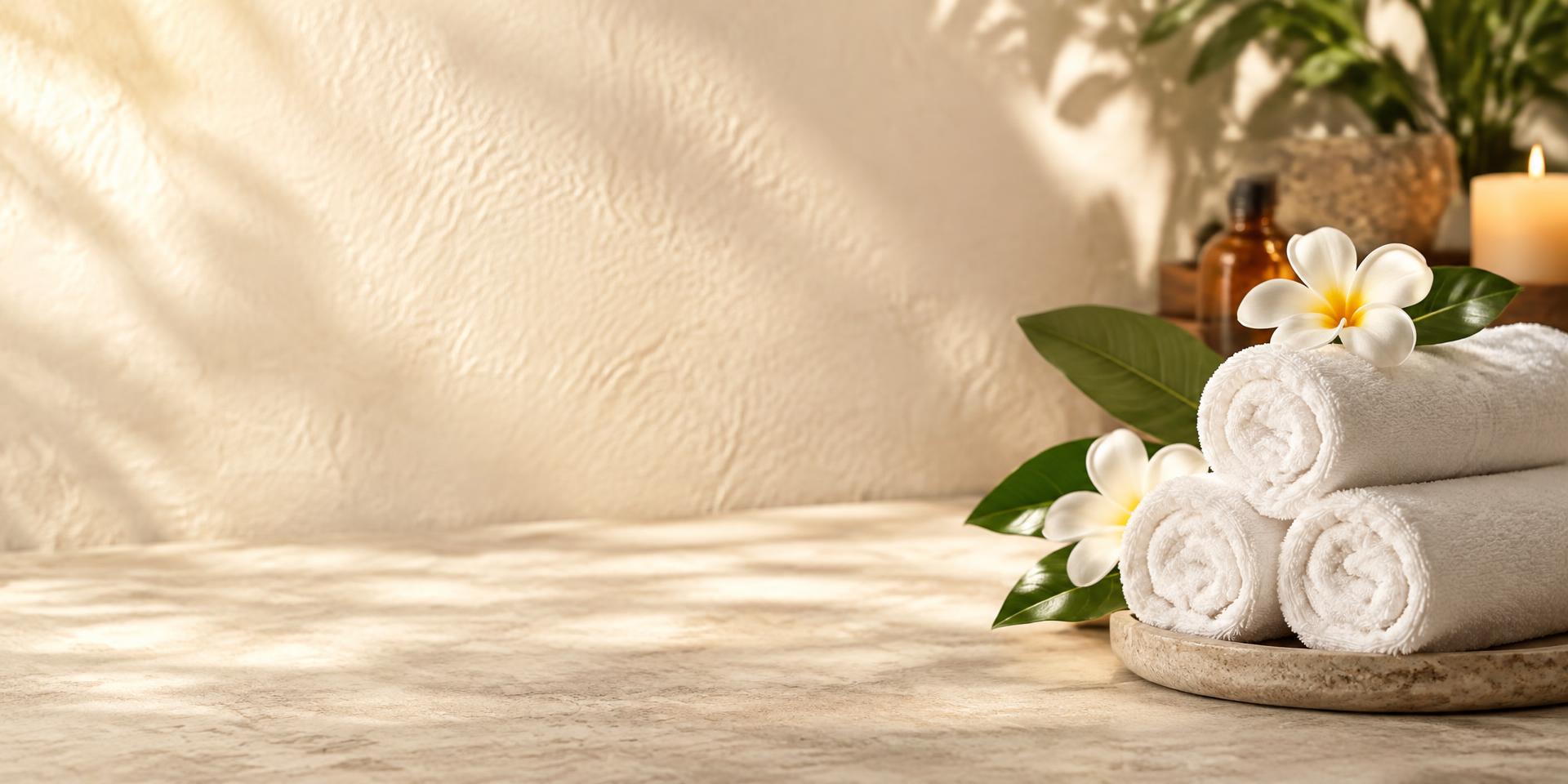 Rolled spa towels and white plumeria flowers in a warm home setting